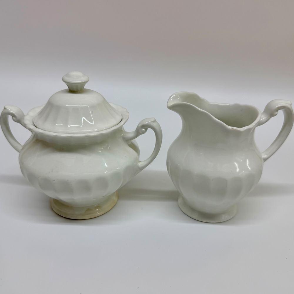 J&G Meakin Classic White Sugar Bowl and Creamer Set Vintage England Ironstone